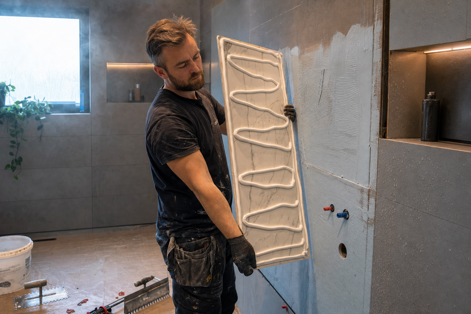 Welke lijm en kit gebruik je het beste voor een wandpaneel marmer in een vochtige ruimte zoals de badkamer?